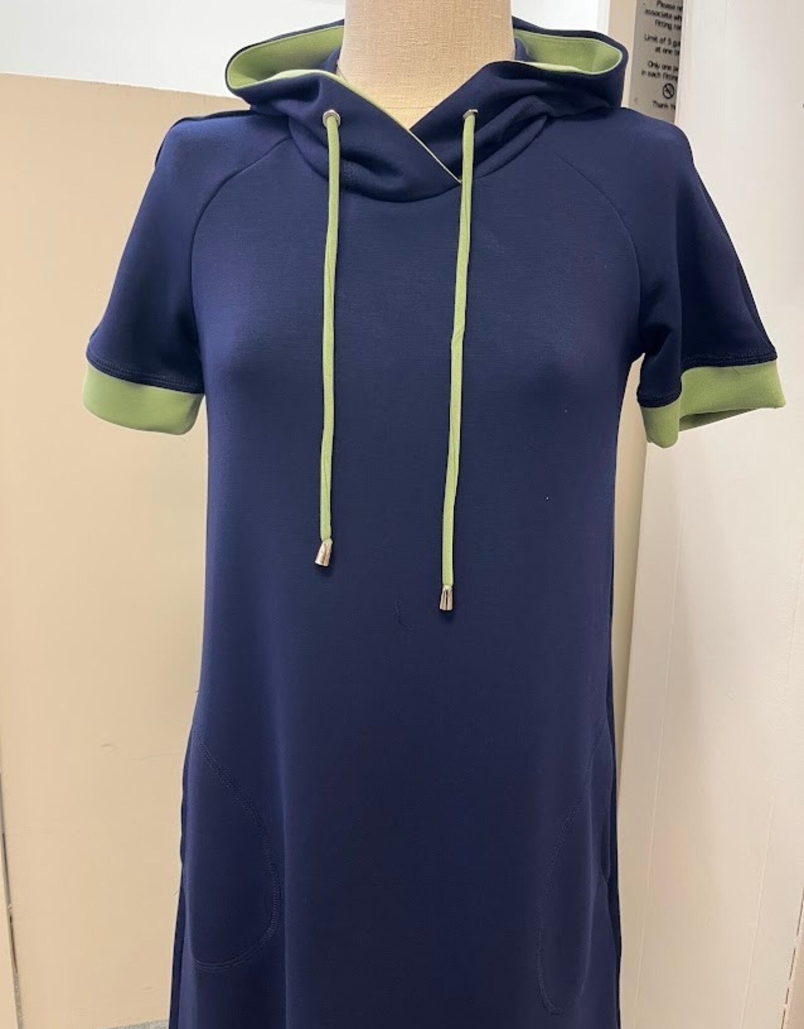 Pure Essence  PURE essence 5138 Navy/Sage Short Sleeve Hooded Drawstring  Knit Dress