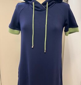 Pure Essence PURE essence 5138 Navy/Sage Short Sleeve Hooded Drawstring  Knit Dress