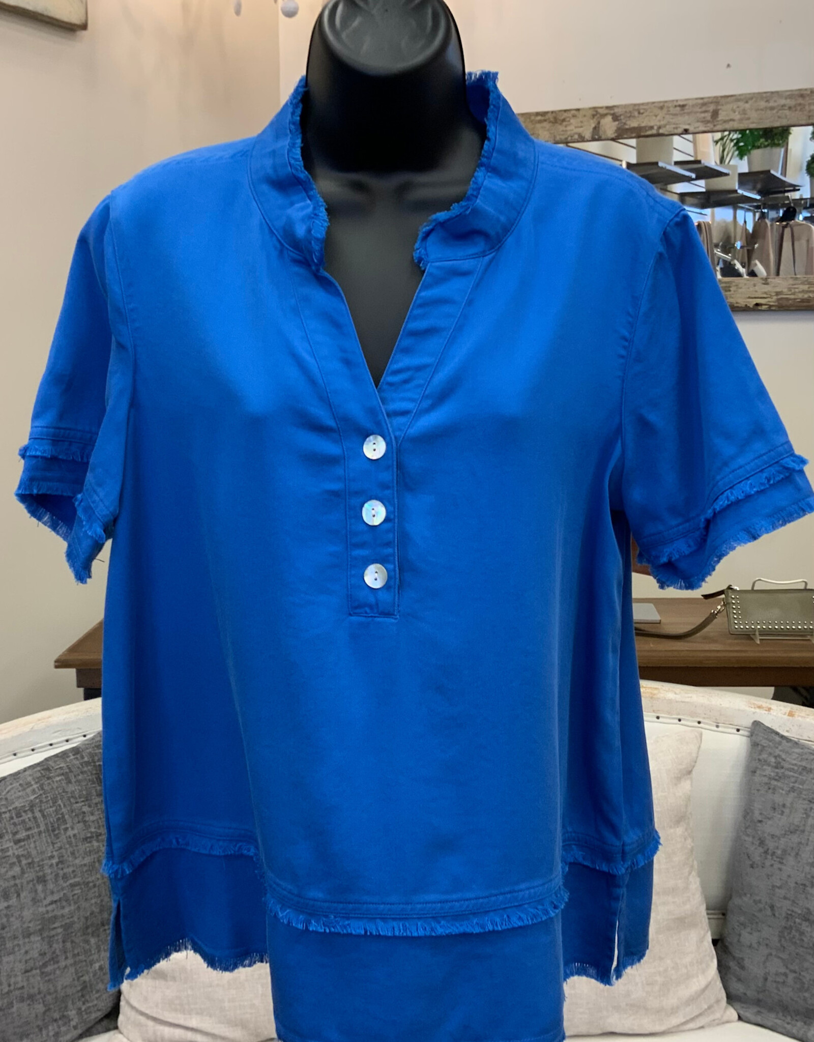 Multiples Multiples Electric Blue V-Neck  Button Detail Short Sleeve  Top