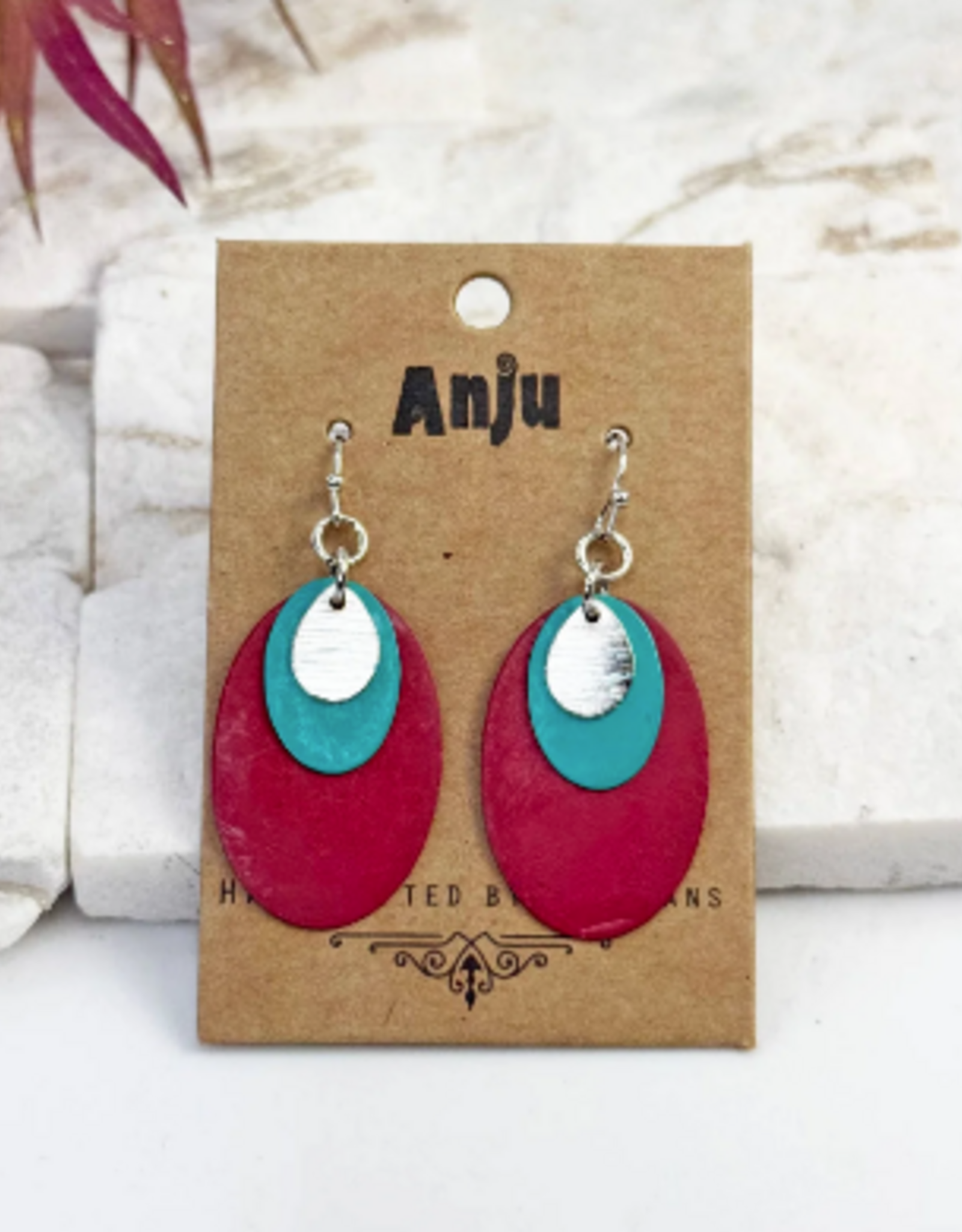 Anju / G A Designs Inc Anju EP902 Handcrafted Fuchsia & Teal Patina Layered Oval Earrings