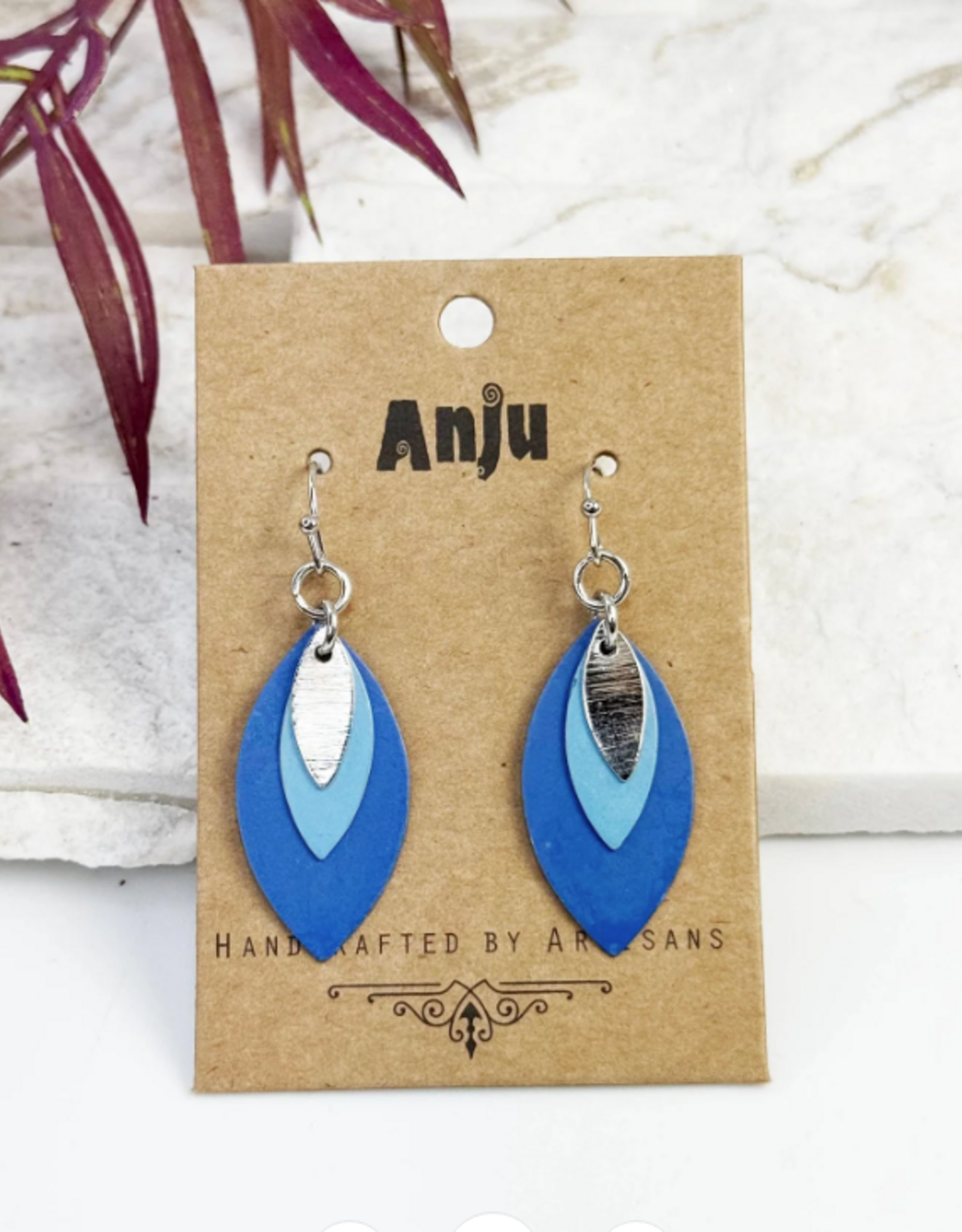 Anju / G A Designs Inc Anju EP928 Handcrafted Tonal Blue Patina Layered Leaf Earrings