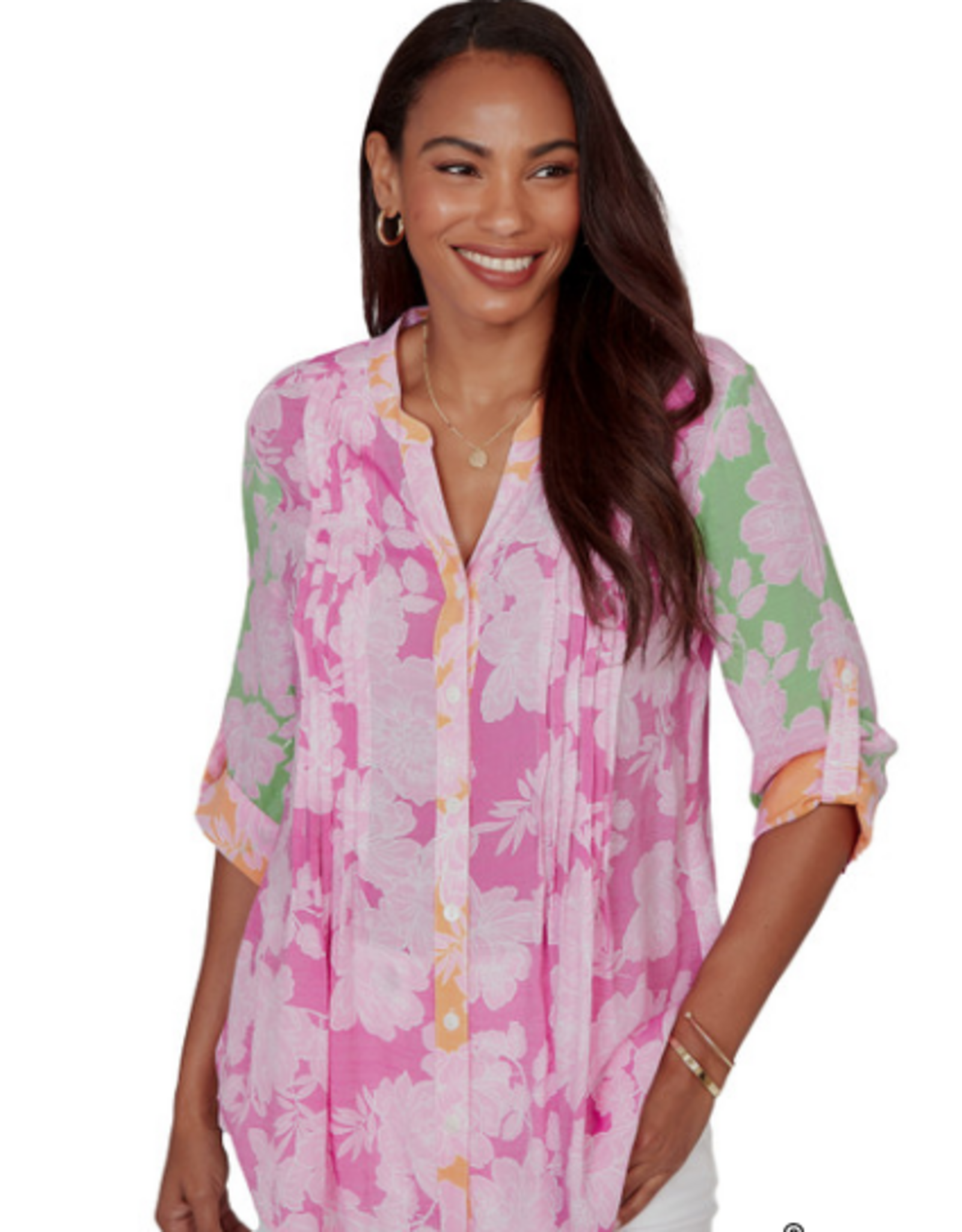 Ruby Rd Ruby Rd Color Block Floral Pintuck Gauze Blouse Top