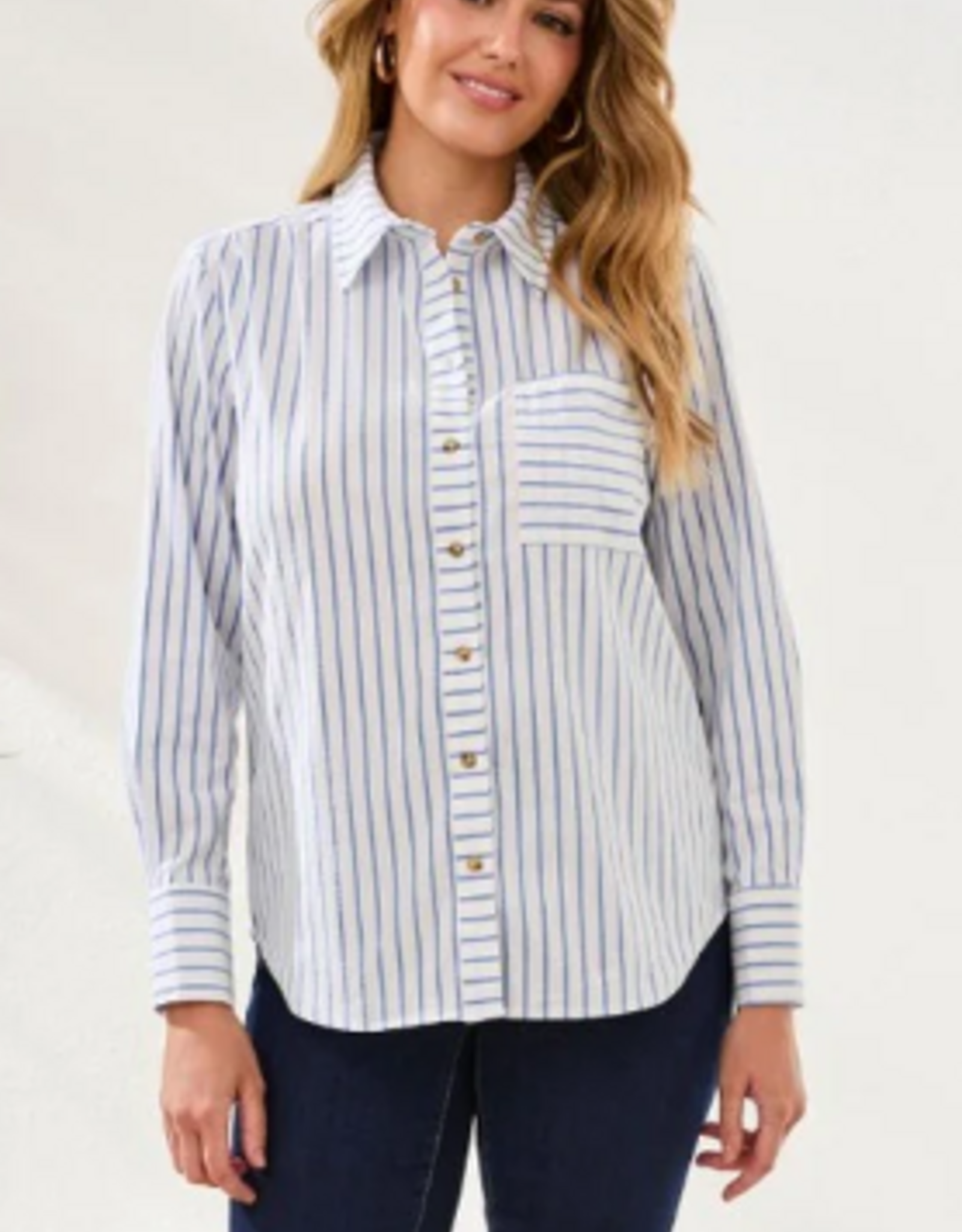 Tribal Tribal Turkish Sea  Striped  Seersucker L/S Button Up Top