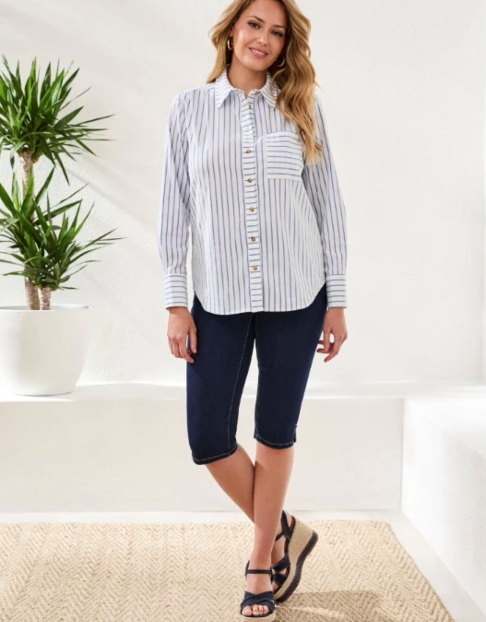 Tribal Tribal Turkish Sea  Striped  Seersucker L/S Button Up Top
