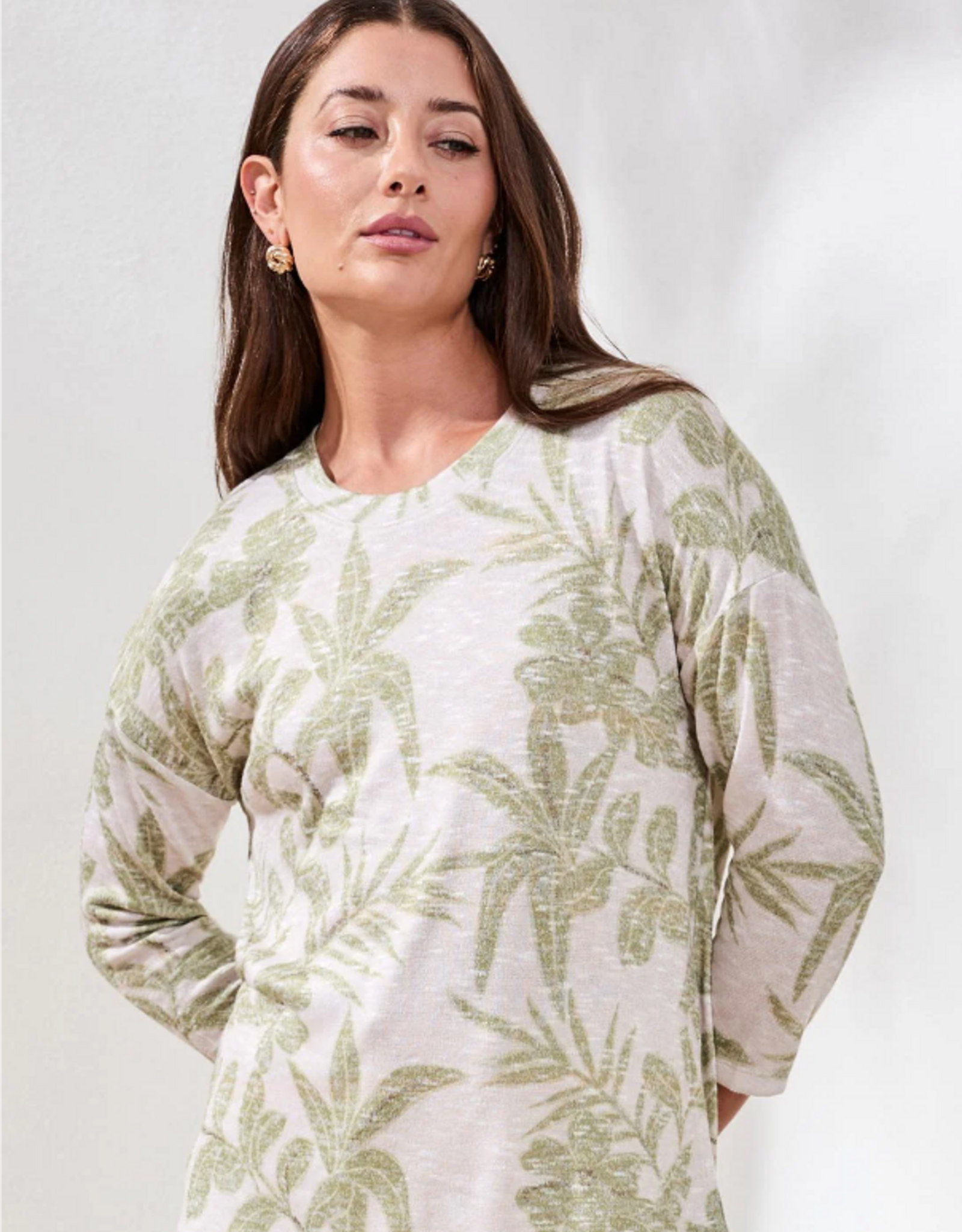 Tribal Tribal  Kiwi  Round Neck 3/4 Sleeve  Leaf Print Top