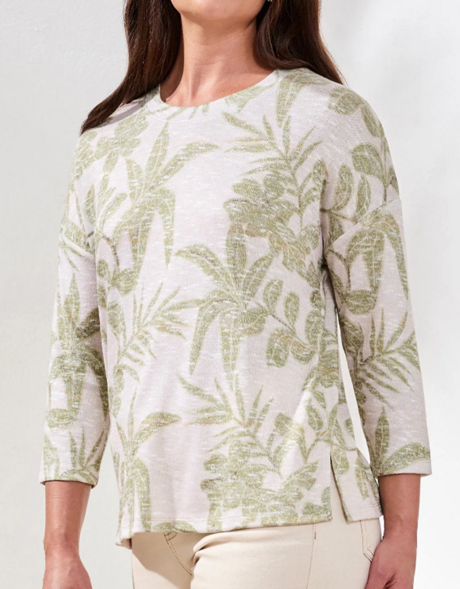 Tribal Tribal  Kiwi  Round Neck 3/4 Sleeve  Leaf Print Top