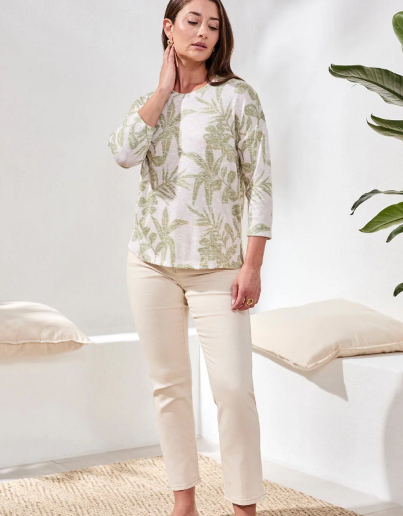 Tribal Tribal  Kiwi  Round Neck 3/4 Sleeve  Leaf Print Top