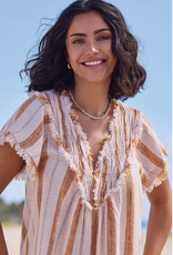 Tribal Tribal Beige Textured Linen Smocked V-Neck Short Sleeve Top