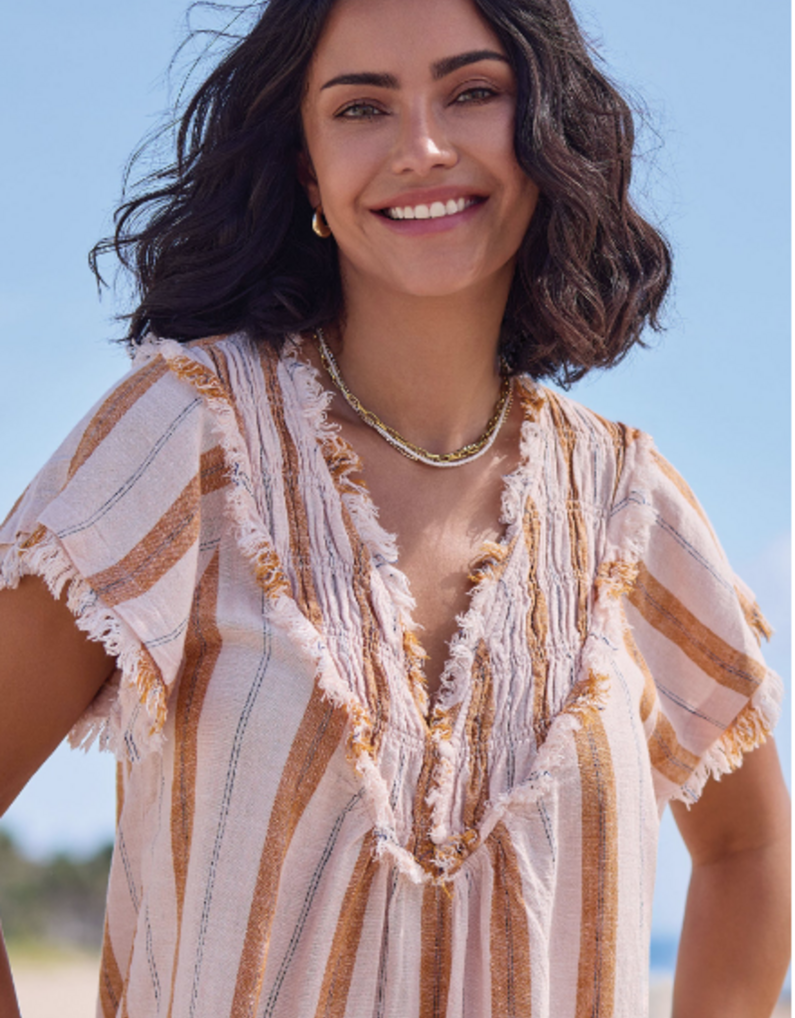 Tribal Tribal Beige Textured Linen Smocked V-Neck Short Sleeve Top