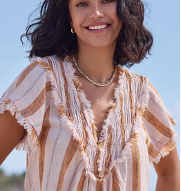 Tribal Tribal Beige Textured Linen Smocked V-Neck Short Sleeve Top