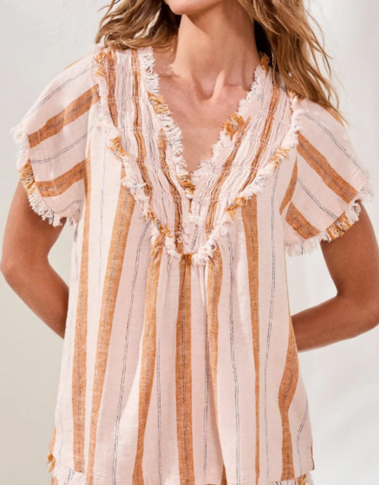 Tribal Tribal Beige Textured Linen Smocked V-Neck Short Sleeve Top