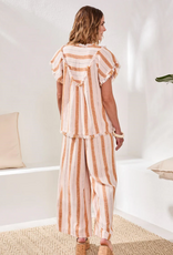 Tribal Tribal Beige Textured Linen Smocked V-Neck Short Sleeve Top