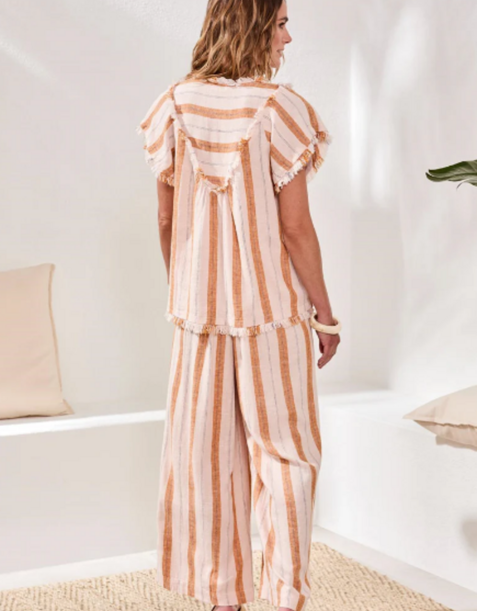 Tribal Tribal Beige Textured Linen Smocked V-Neck Short Sleeve Top