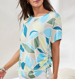 Tribal Tribal Aqua Sky Floral Print Round Neck S/S Side Ruching Top