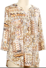 N Touch N Touch 43N4 Epic tan Yellow Aztec Print V-Neck 3/4 Sleeve Petite Top
