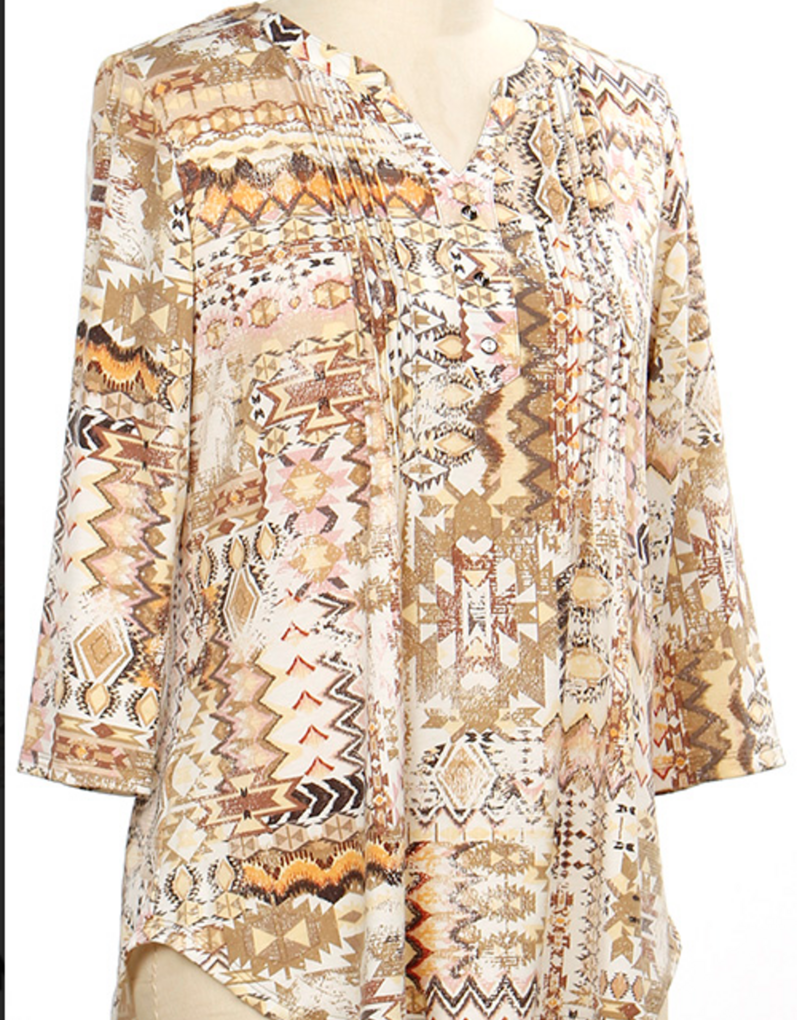 N Touch N Touch 43N4 Epic tan Yellow Aztec Print V-Neck 3/4 Sleeve Petite Top