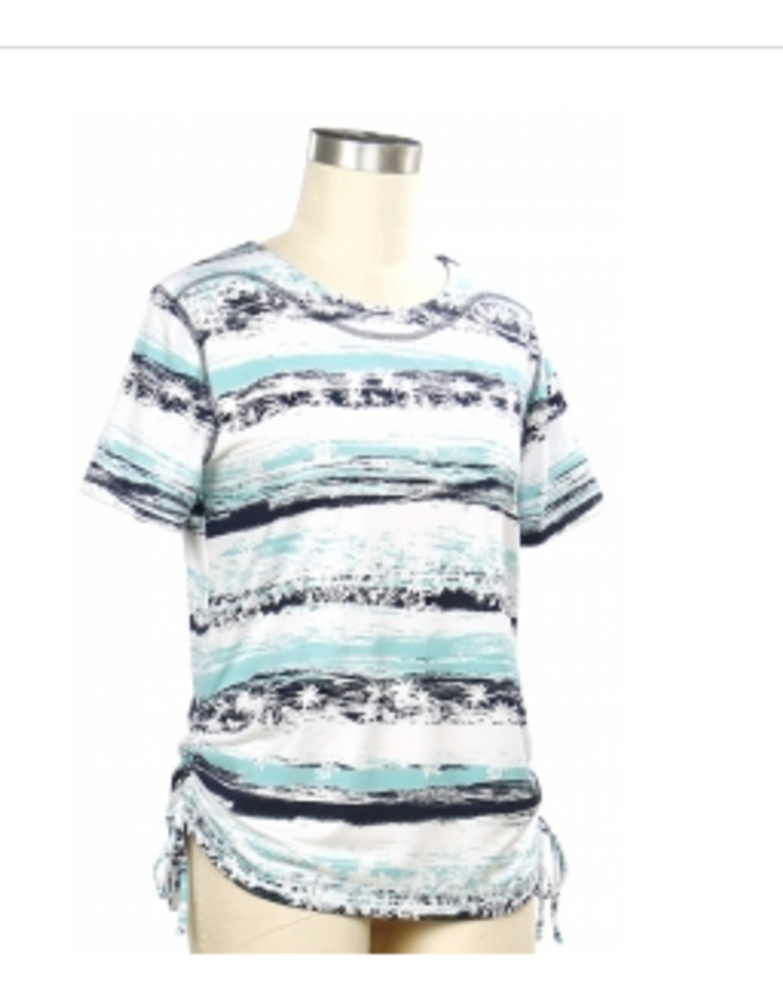 N Touch N Touch 43P1 White Sea Aqua Print Round Neck Short Sleeve Petite Top