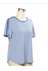 N Touch Links Light Blue/White Stripe Print Round Neck Short Sleeve Top