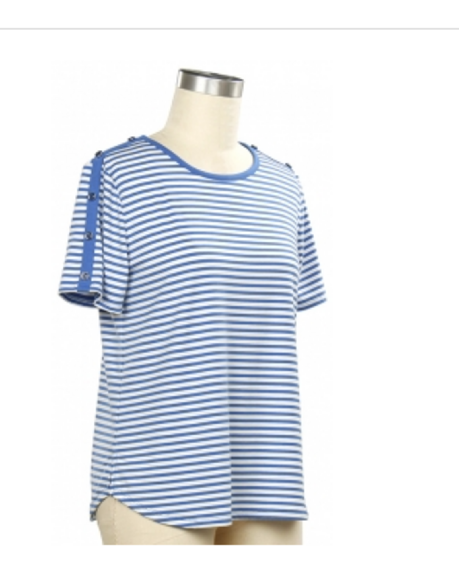 N Touch Links Light Blue/White Stripe Print Round Neck Short Sleeve Top