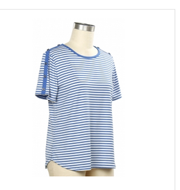 N Touch Links Light Blue/White Stripe Print Round Neck Short Sleeve Top
