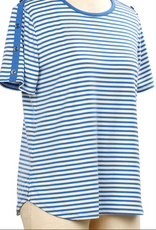 N Touch Links Light Blue/White Stripe Print Round Neck Short Sleeve Top