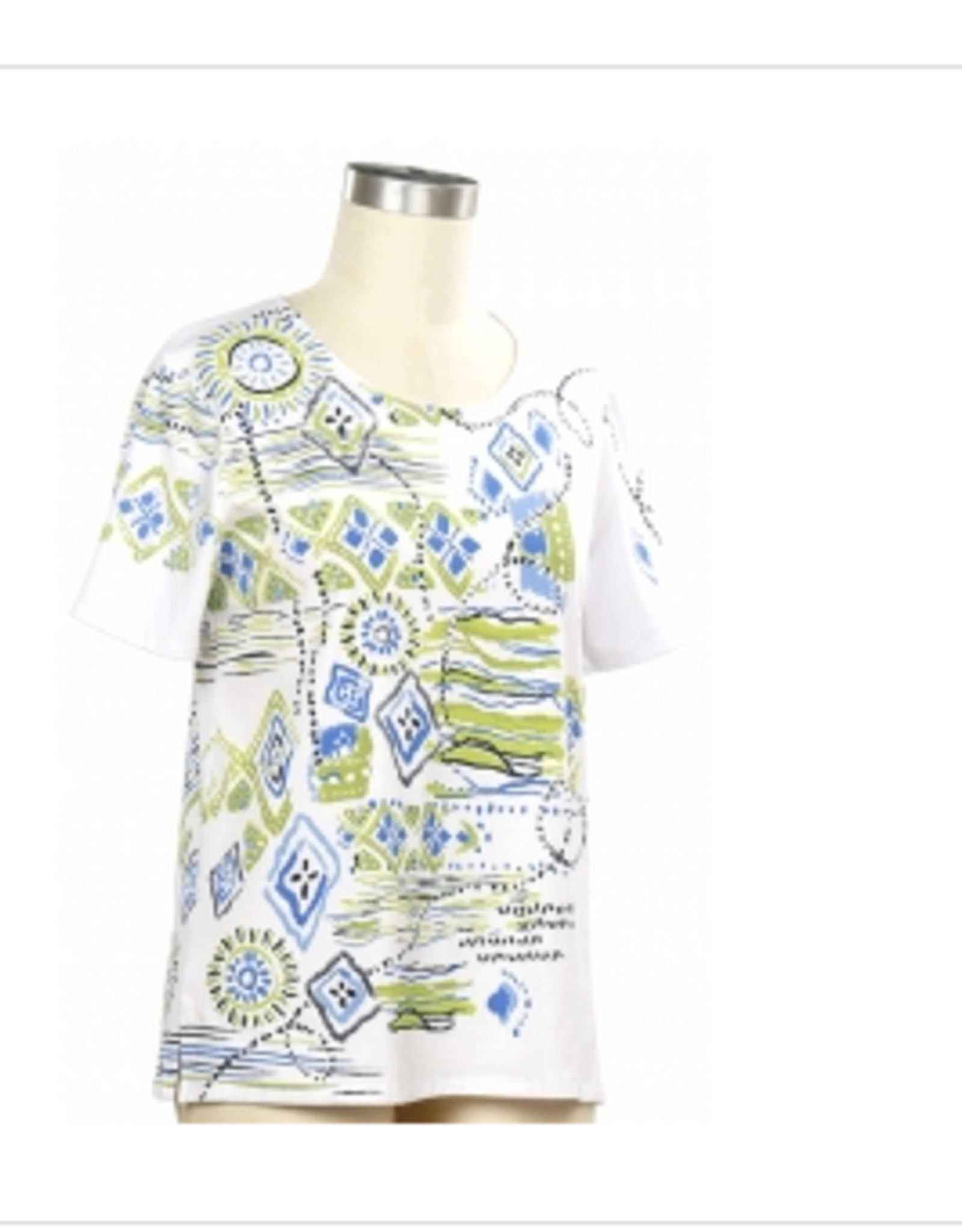 Links Links Wht Navy Blue Print Round Neck S/S Top