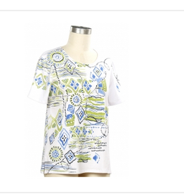 Links Links Wht Navy Blue Print Round Neck S/S Top