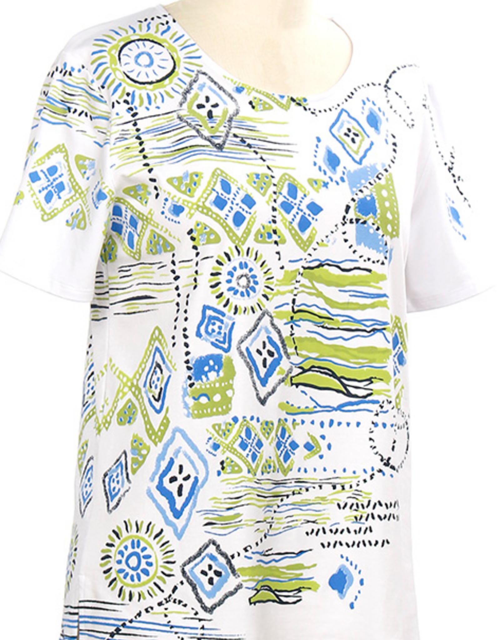 Links Links Wht Navy Blue Print Round Neck S/S Top