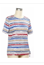 N Touch N Touch Blue Tan Red Stripe Round Neck 3/4 Sleeve Petite Top