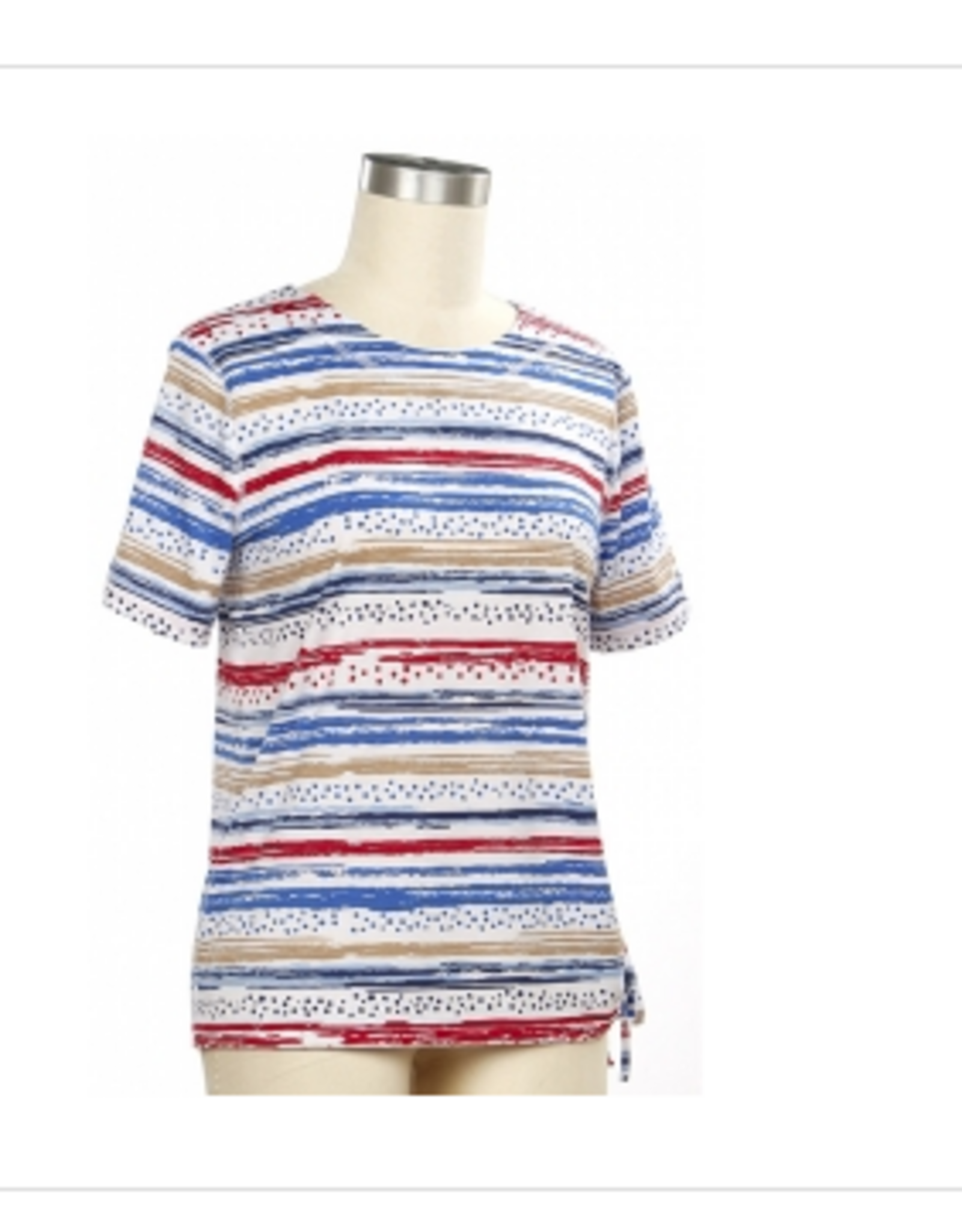 N Touch N Touch Blue Tan Red Stripe Round Neck 3/4 Sleeve Petite Top