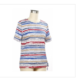 N Touch N Touch Blue Tan Red Stripe Round Neck 3/4 Sleeve Petite Top
