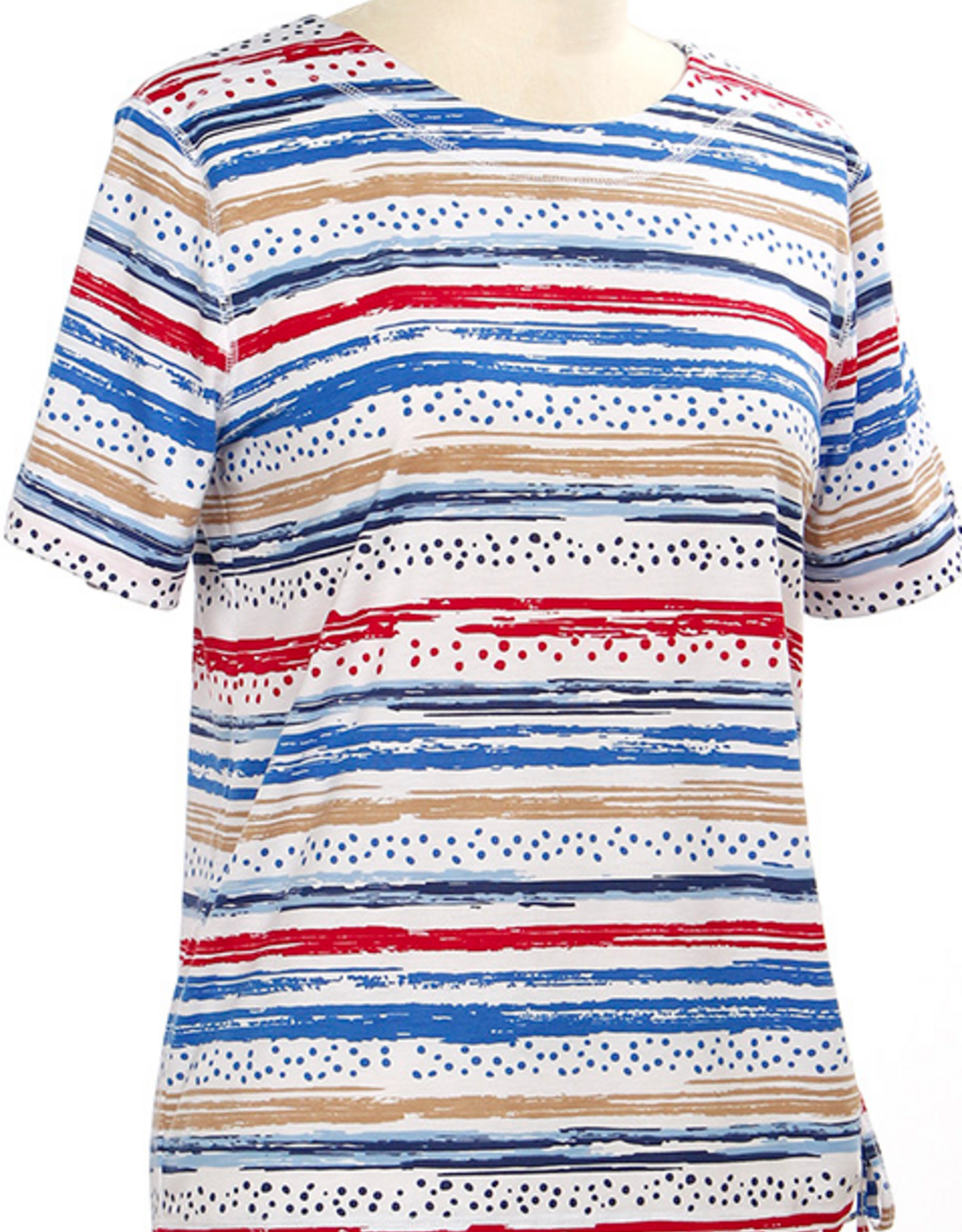 N Touch N Touch Blue Tan Red Stripe Round Neck 3/4 Sleeve Petite Top