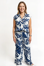 Creations Creation AM666 Navy/Tan Tropical Leaf Collard Button Front Slvless Top