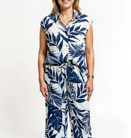 Creations Creation Navy/Tan Tropical Leaf Pull-On Palazzo Pant