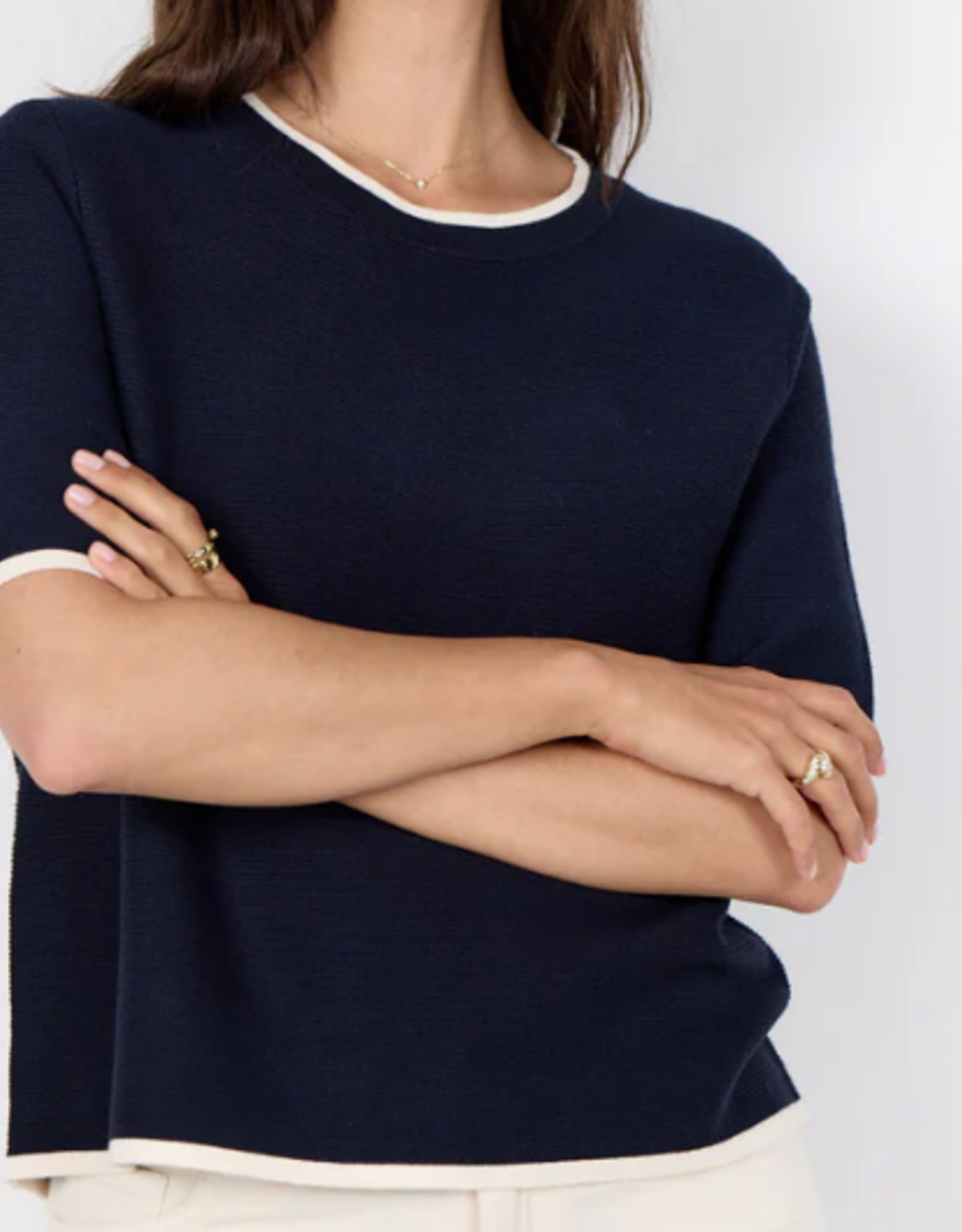 Soya Concept SOYACOCONCEPT  Navy Round Neck Contrast Trim S/S Top