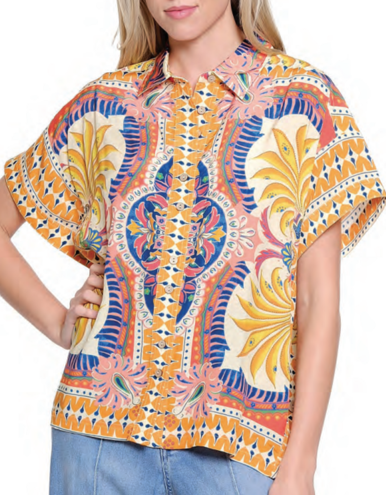 Tru Luxe Tru Luxe   Bright Multi Color Print S/S Button Up Top