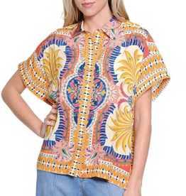 Tru Luxe Tru Luxe  Bright Multi Color Print S/S Button Up Top
