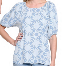 Tru Luxe Tru Luxe Light Blue Print Button Up Back Detail Top