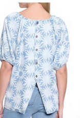 Tru Luxe Tru Luxe  Light Blue Print Button Up Back Detail Top