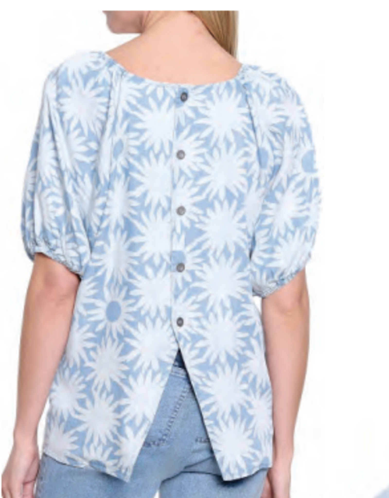 Tru Luxe Tru Luxe  Light Blue Print Button Up Back Detail Top