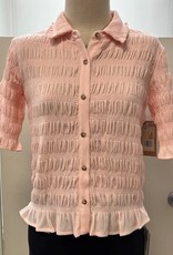 Tru Luxe Tru Luxe Light Pink Button Up Smocked  S/S Top