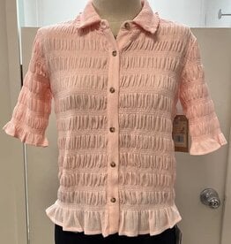 Tru Luxe Tru Luxe  Light Pink Button Up Smocked  S/S Top
