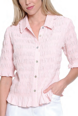 Tru Luxe Tru Luxe Light Pink Button Up Smocked  S/S Top