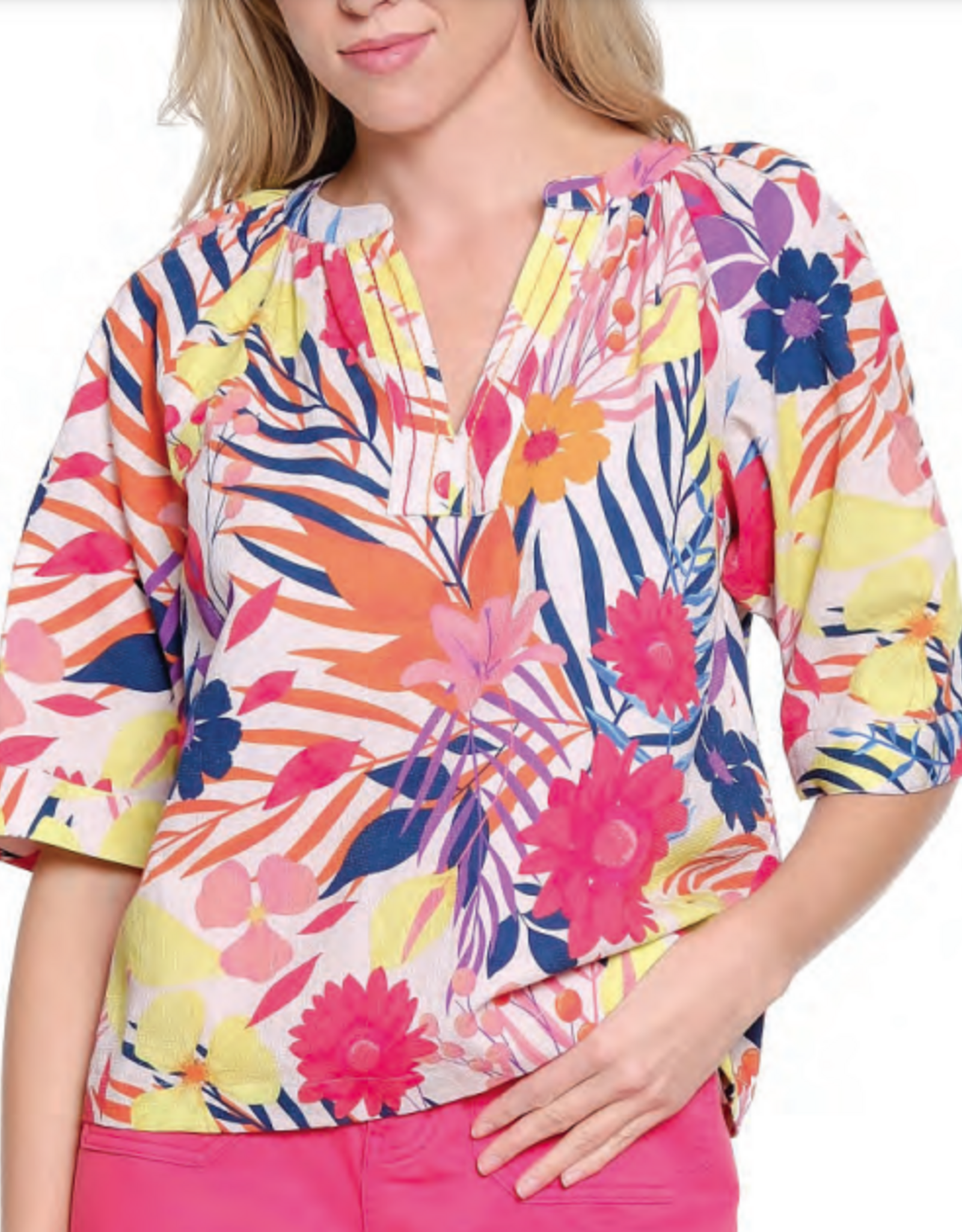 Tru Luxe Tru Luxe Tropical Print Split Nevk  3/4 Sleeve Top