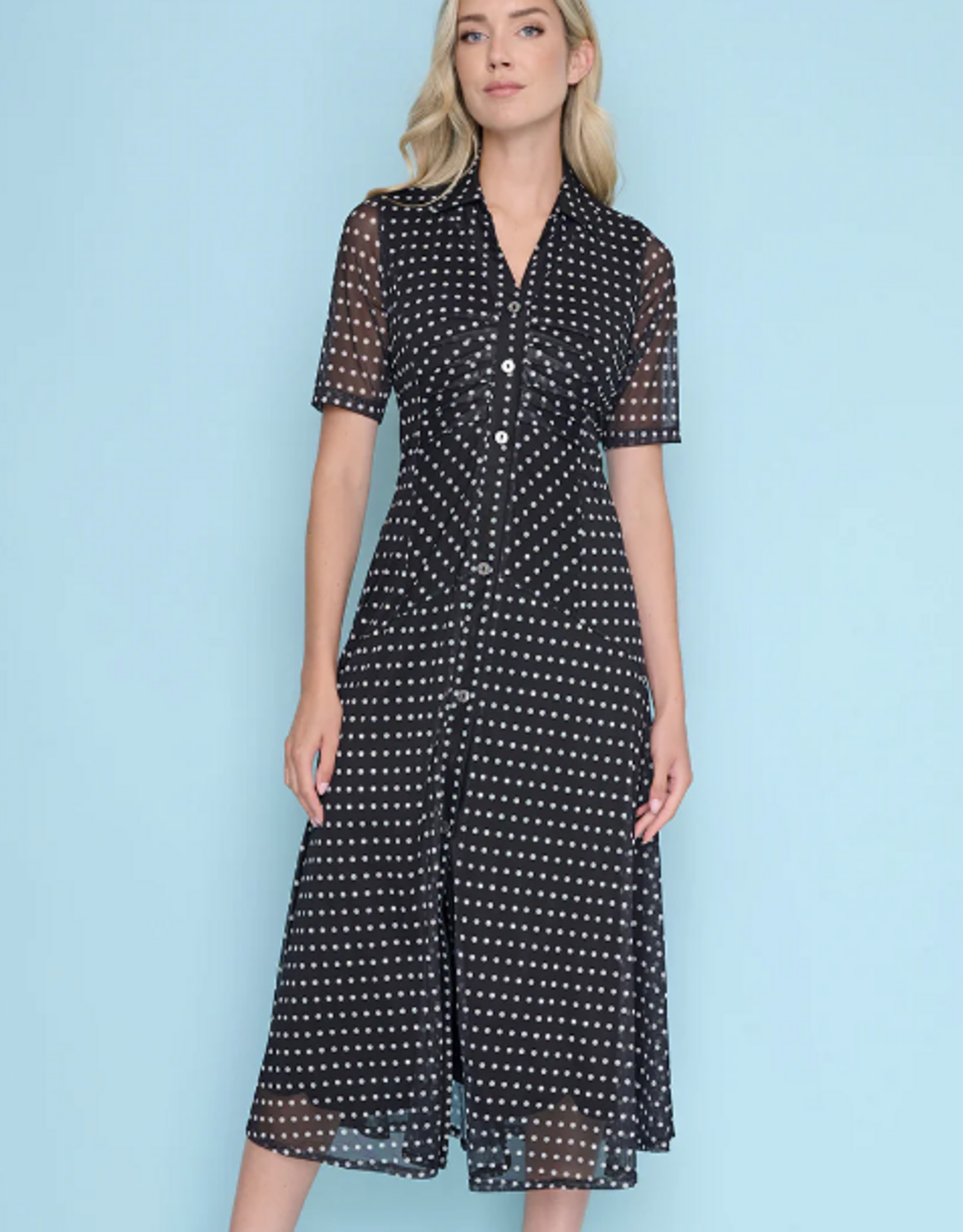 Picadilly Picadilly  Black/White Small Polka Dot Print Button Up Dress