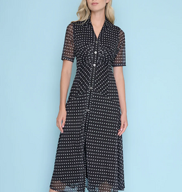 Picadilly Picadilly Black/White Small Polka Dot Print Button Up Dress