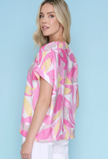 Picadilly Picadilly  Pink Camellia Leaf Print  Short Sleeve Top