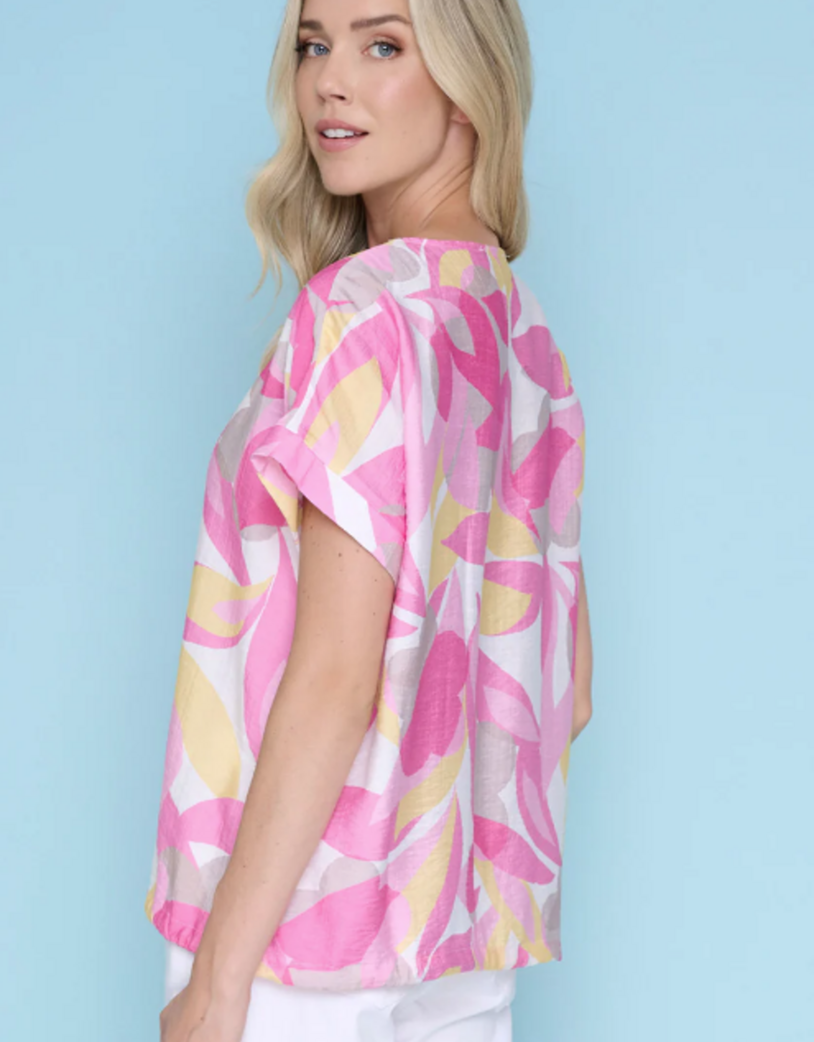 Picadilly Picadilly  Pink Camellia Leaf Print  Short Sleeve Top