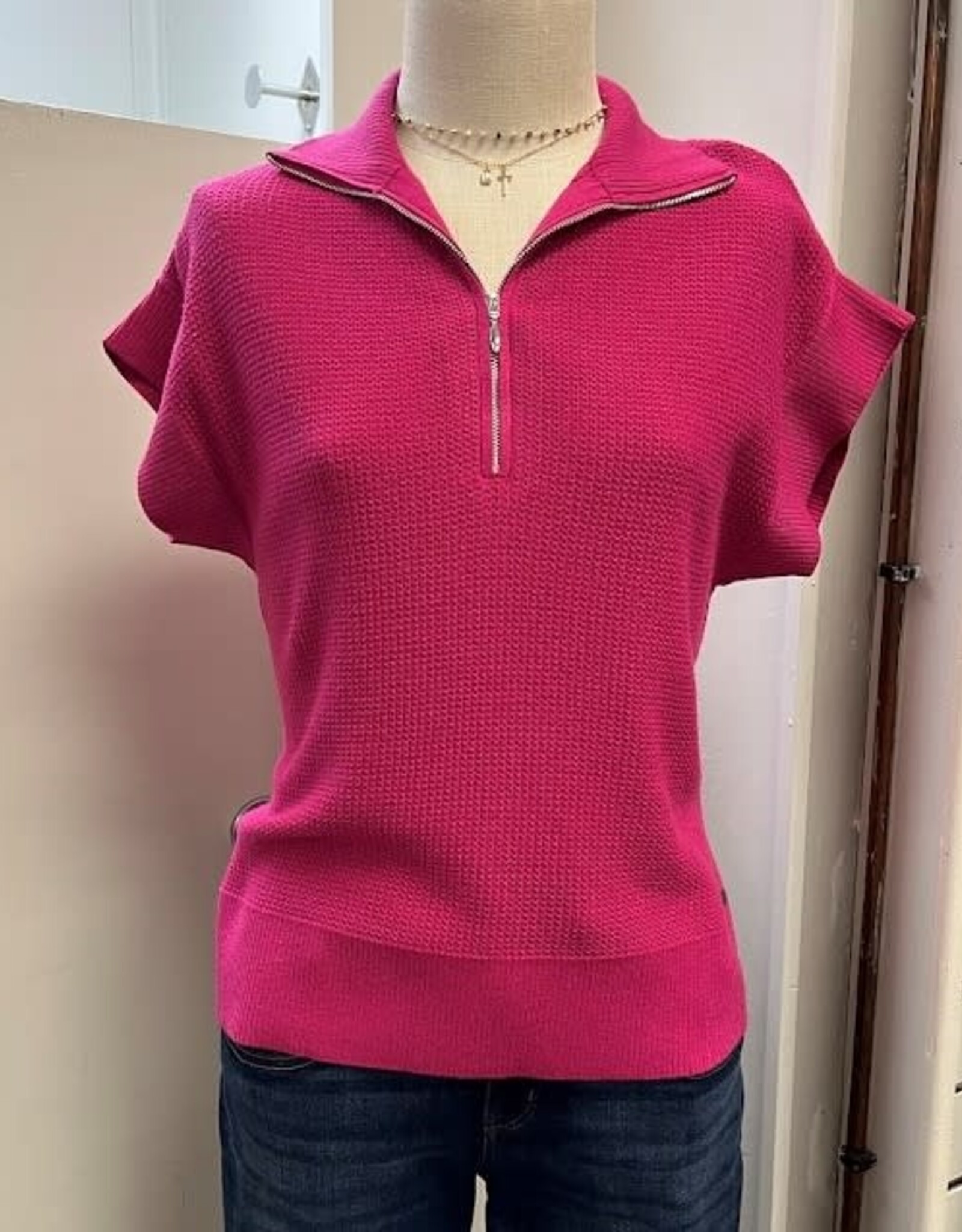 Picadilly Picadilly Hibiscus  Knit 1/4 Zip  Short Sleeve Top