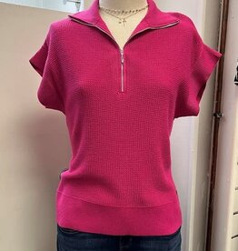 Picadilly Picadilly Hibiscus  Knit 1/4 Zip  Short Sleeve Top